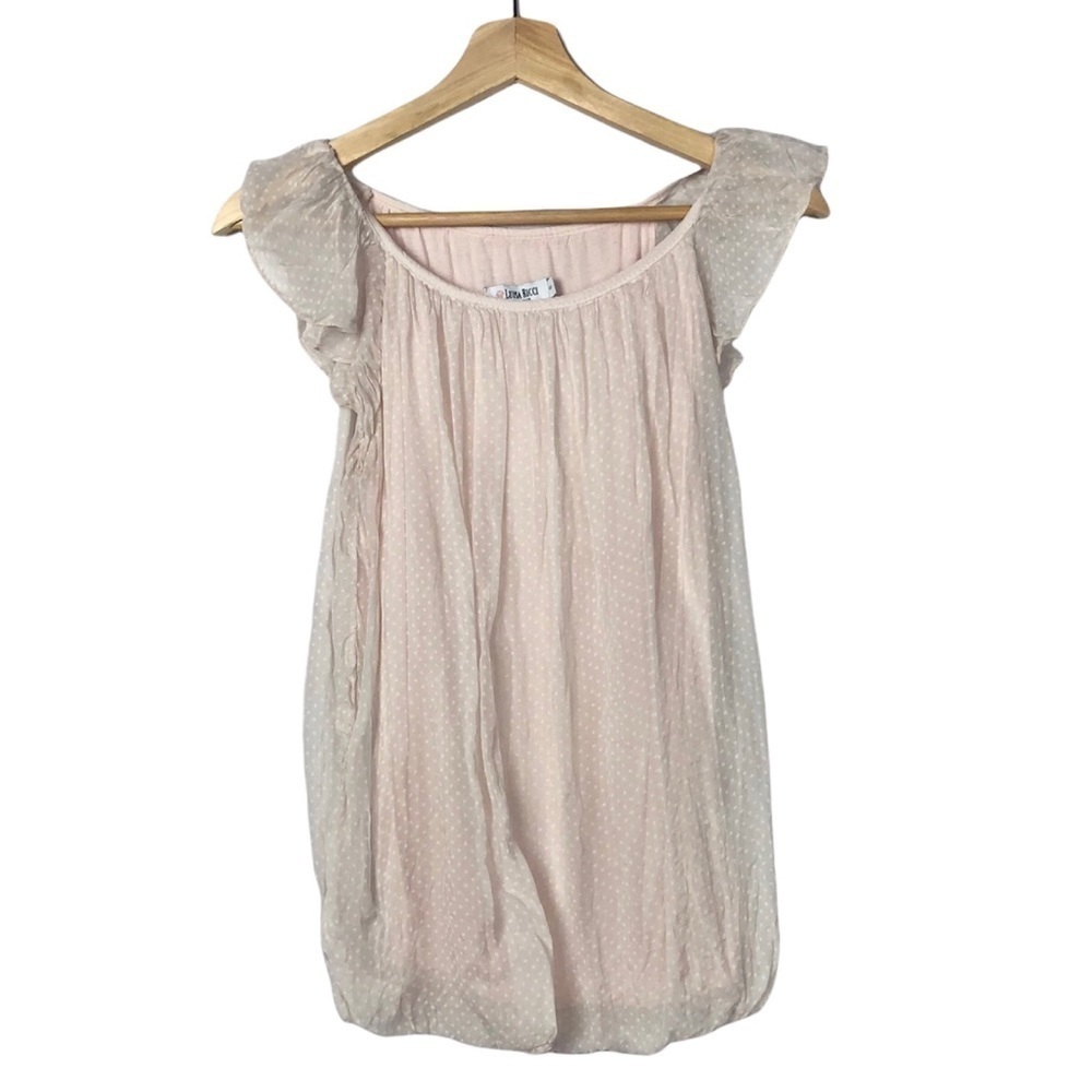 Luisa Ricci Light Pink Smocked Bottom Silk Polka Dot Short Sleeve Blouse S